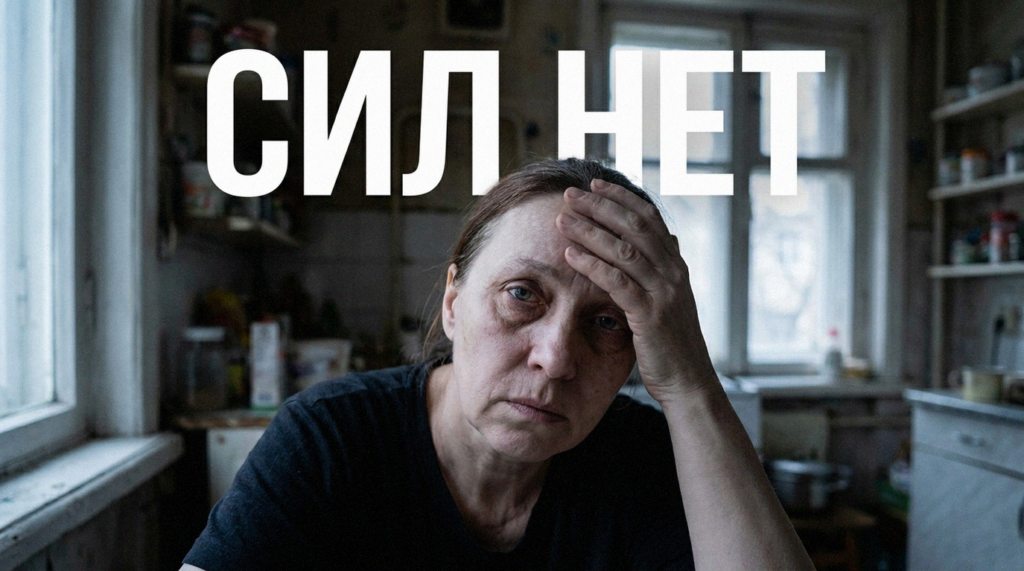 Уставшая женщина сидит за столом, обхватив голову руками, что символизирует хроническую усталость и упадок сил.