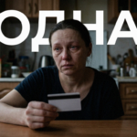 Женщина в раздумьях смотрит на документы и детей, когда муж ушел из семьи, оставив ипотеку и бытовые трудности.